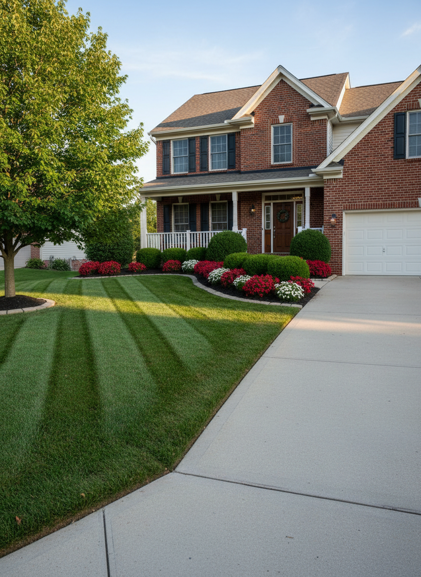 A meticulously maintained suburban front lawn with lush, deep-green grass cut in crisp parallel stripes, stretching smoothly from the sidewalk to a tidy brick home. Freshly edged borders create clean, sharp lines along a concrete driveway and curved flower beds filled with low shrubs and seasonal blooms. Soft late-afternoon sunlight casts gentle shadows from a lone maple tree, highlighting the even texture of the turf. Photographic realism at eye level with a slight wide-angle view, sharp focus throughout, and a clean, modern composition that conveys professionalism, reliability, and year-round care, with a clear blue sky softly blurred in the background for an inviting, trustworthy atmosphere.