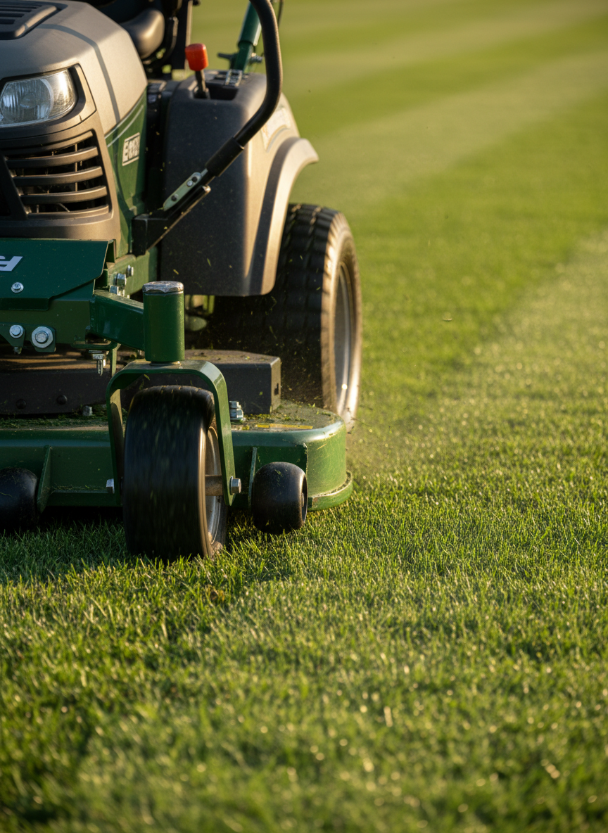 A close-up, low-angle shot of a commercial-grade lawn mower’s front deck gliding over thick, healthy grass, its sharp blades leaving a clean, even cut and subtle striping behind. Tiny clippings are visible being gently discharged to the side, but the lawn appears tidy and controlled. The machine’s metal housing has a matte black and green finish with visible bolts and durable wheels pressing into the turf. Captured in warm, directional morning light, the photographic image emphasizes metallic reflections and the vivid green of the grass. Shallow depth of field keeps the mower and fresh cut area in sharp focus while softly blurring the distant yard, conveying precision, power, and reliability.