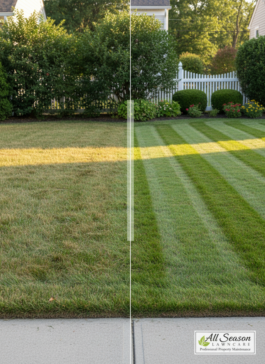 A side-by-side comparison view of the same lawn, with the left half slightly overgrown and uneven, and the right half freshly mowed with defined striping, sharp edging along the sidewalk, and trimmed shrubs in the background. A simple white vertical line subtly separates the two halves while maintaining a cohesive scene. The lighting is consistent soft afternoon daylight, evenly illuminating both sides to highlight the dramatic transformation. Photographic realism with a centered, wide-angle composition and sharp detail across the entire frame. The mood is confident and results-focused, clearly showcasing the impact of professional lawn care and property maintenance from All Season Lawncare.