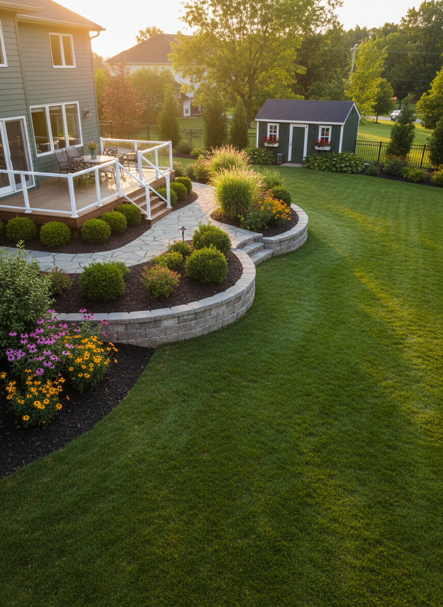 A spacious backyard of a residential property featuring a perfectly trimmed lawn bordered by a curved stone retaining wall, with neatly mulched planting beds containing evergreen shrubs, ornamental grasses, and a few colorful perennials. A small flagstone path winds from a wooden deck to a discreetly placed garden shed, all edges sharply defined and free of overgrowth. Warm golden-hour sunlight filters in from the side, creating long, soft shadows across the grass and highlighting the textures of stone, wood, and foliage. Photographic realism from an elevated, slightly diagonal perspective, sharp focus with subtle background softness, conveying a serene, well-cared-for outdoor living space maintained by dependable, high-quality lawn care services.