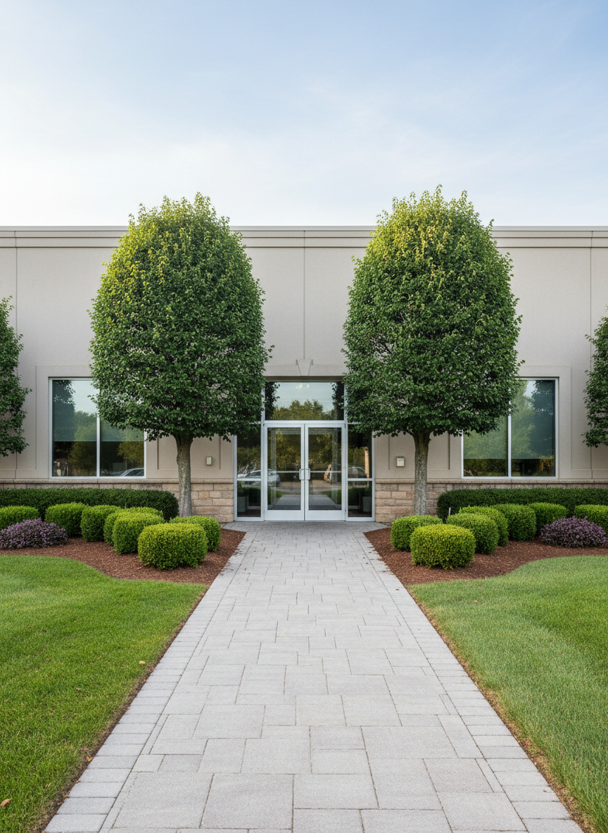 A medium-sized commercial property entrance with a manicured lawn, symmetrical foundation plantings, and a clear, weed-free walkway leading to glass double doors. Low boxwood hedges are precisely trimmed beneath large office windows, with fresh dark-brown mulch neatly raked and free of debris. Two small ornamental trees flank the walkway, pruned into balanced, professional shapes. The scene is lit by bright, clear morning light that reflects softly off the building’s neutral facade, enhancing the crisp greens and earthy tones. Photographic realism captured from an eye-level, straight-on composition, emphasizing symmetry, order, and reliability, evoking the impression of a business that prioritizes curb appeal and ongoing property maintenance year-round.