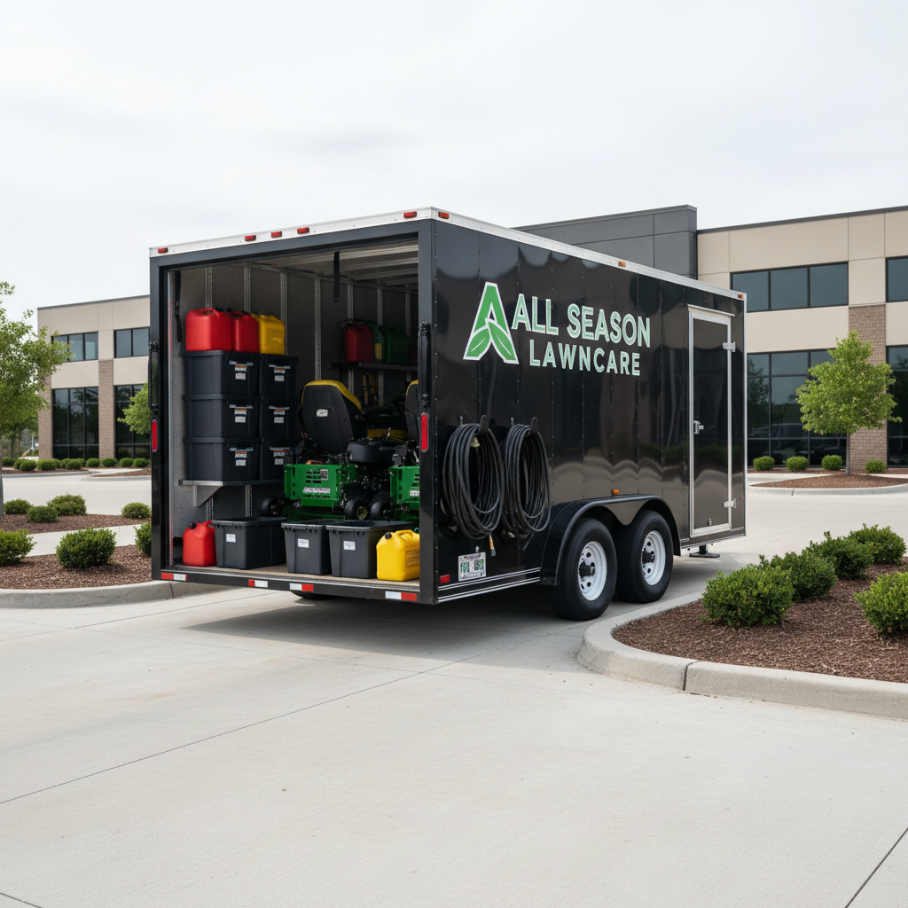A professional lawn care trailer parked neatly beside a commercial office building, filled with organized, well-maintained landscaping equipment: gleaming mowers, neatly coiled hoses, fuel cans, and labeled storage bins. The trailer’s side displays a clean, modern All Season Lawncare logo in green and white on a dark metallic surface. The concrete parking lot is swept and free of debris, with surrounding planter islands of manicured shrubs and mulch. Captured in bright but diffused midday light under a lightly overcast sky, the photographic image feels orderly and trustworthy. Shot from a slightly elevated angle with balanced composition, emphasizing the company’s licensed, insured professionalism and readiness for any outdoor maintenance job.